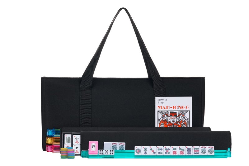 HNDTEK American Mahjong Set - Black Soft Bag - 166 White Engraved Tiles, 4 All-in-One Rack/Pushers Western Mah Jongg Game Set - Image 1